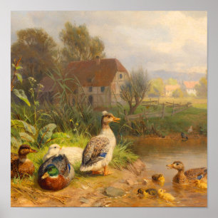 Vintage Countryside Duck Pond Antique Oil Painting Poster