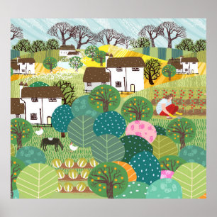 Vintage Countryside Landscape Illustration Poster
