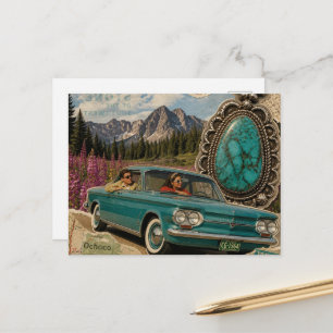 Vintage Couple Car on Map in the Mountains Collage Postcard
