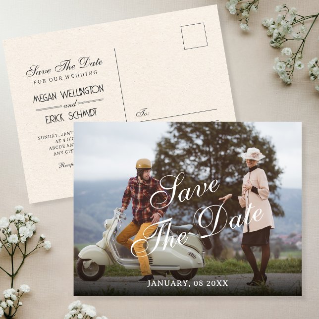 Vintage couple wedding save the date postcard (Creator Uploaded)