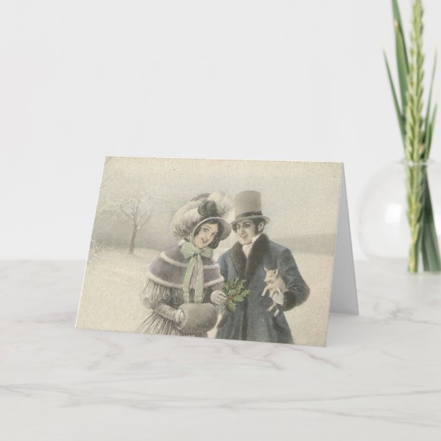Vintage Couple with Baby Pig Holiday Card (Front)