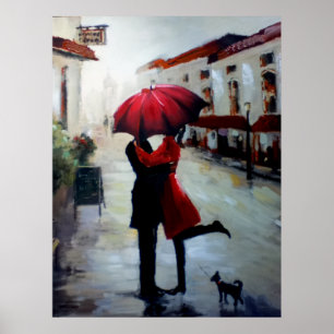 Vintage Couple with Umbrella and Dog Poster Print