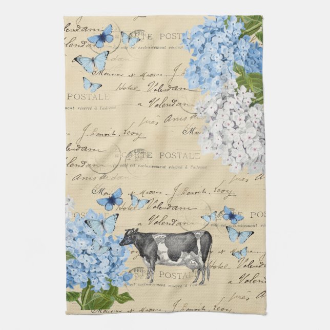 Vintage Cow Blue Flower Postcard Tea Towel (Vertical)