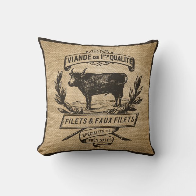 Vintage Cow Deli Advertisment Burlap Cushion (Front)