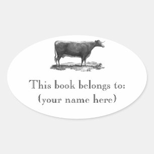 Vintage cow etching bookplate oval sticker