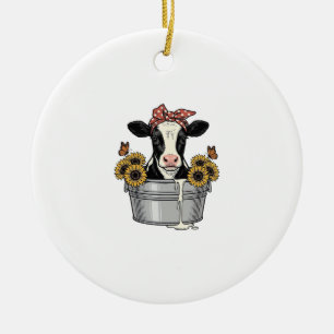Vintage Cow in Tub Sunflower Butterfly Vector Desi Ceramic Ornament