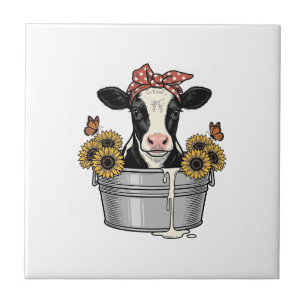 Vintage Cow in Tub Sunflower Butterfly Vector Desi Ceramic Tile