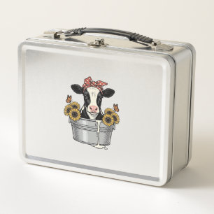 Vintage Cow in Tub Sunflower Butterfly Vector Desi Metal Lunch Box