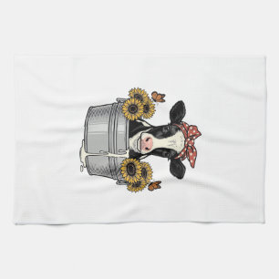 Vintage Cow in Tub Sunflower Butterfly Vector Desi Tea Towel