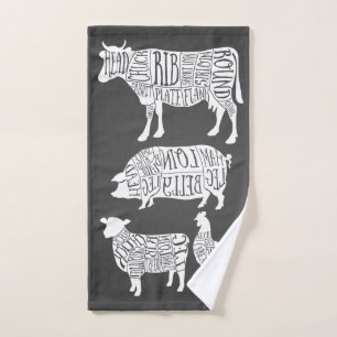 Vintage Cow Pig Chicken Butcher Meat Cuts Hand Towel