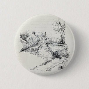 Vintage Cow Sheep in Field Stream Meadow Print 6 Cm Round Badge