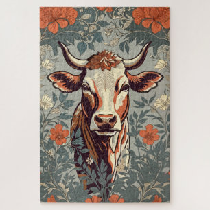 Vintage Cow William Morris Inspired Floral Jigsaw Puzzle