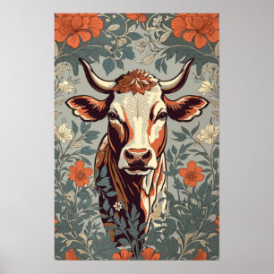 Vintage Cow William Morris Inspired Floral Poster