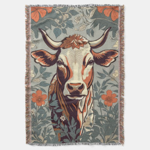 Vintage Cow William Morris Inspired Floral Throw Blanket