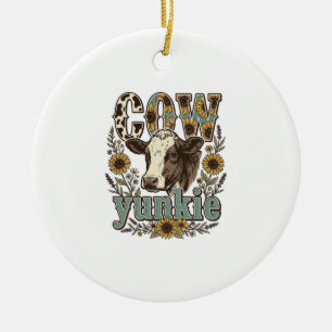 Vintage Cow Yunkie Sunflower Farmhouse Design_1 Ceramic Ornament