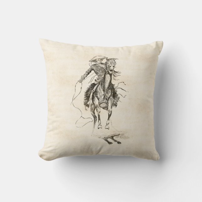 Vintage Cowboy and Horse Illustration Cushion (Front)