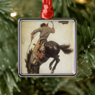 Vintage Cowboy, Bronco Buster Study by NC Wyeth Metal Tree Decoration
