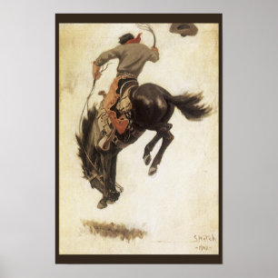 Vintage Cowboy, Bronco Buster Study by NC Wyeth Poster