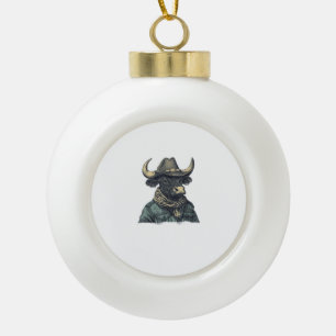 Vintage Cowboy Bull Rodeo Moooch Obliged Pardner W Ceramic Ball Christmas Ornament