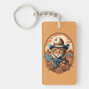 Vintage Cowboy Cat Design Key Ring