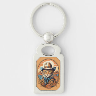 Vintage Cowboy Cat Design Key Ring