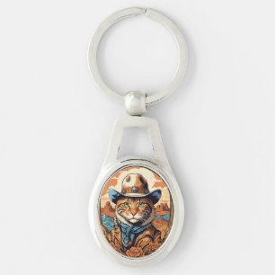 Vintage Cowboy Cat Design Key Ring