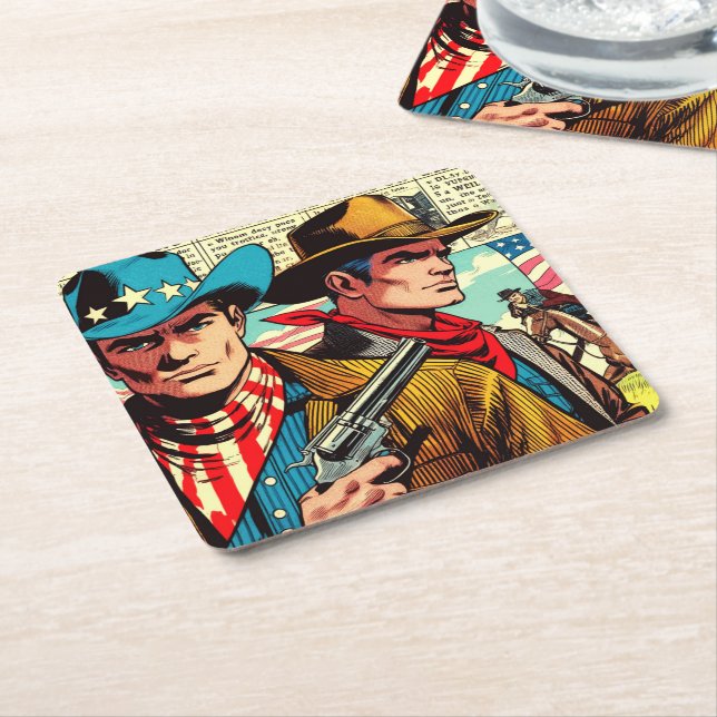 Vintage Cowboy Comics Square Paper Coaster (Angled)