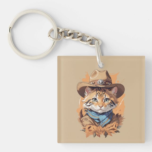 Vintage Cowboy Kitten Design Key Ring (Front)