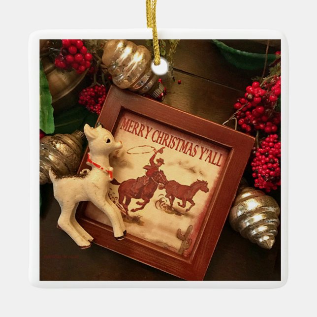 Vintage Cowboy Merry Christmas Y'all Ornament (Front)
