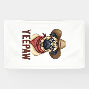 Vintage Cowboy Pug YeePaw Western Dog Illustration Banner