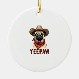 Vintage Cowboy Pug YeePaw Western Dog Illustration Ceramic Ornament