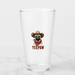 Vintage Cowboy Pug YeePaw Western Dog Illustration Glass