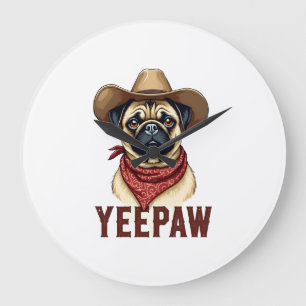 Vintage Cowboy Pug YeePaw Western Dog Illustration Large Clock