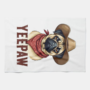 Vintage Cowboy Pug YeePaw Western Dog Illustration Tea Towel