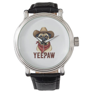 Vintage Cowboy Pug YeePaw Western Dog Illustration Watch
