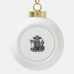 Vintage Cowboy Skeleton Dog Patriotic Shirt Design Ceramic Ball Christmas Ornament