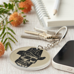 Vintage Cowboy Skull Print with Old Western Hat Key Ring