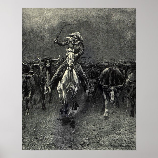 Vintage Cowboys, A Stampede by Frederic Remington Poster (Front)