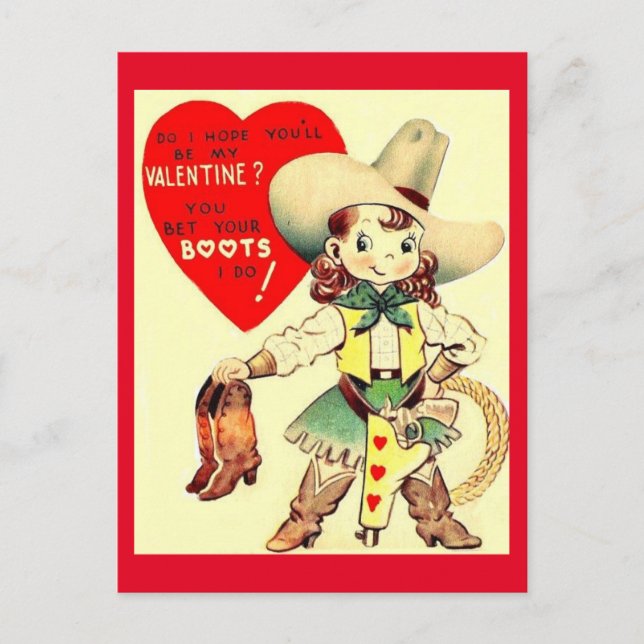 Vintage Cowgirl & Boots 1950's Valentine Postcard (Front)