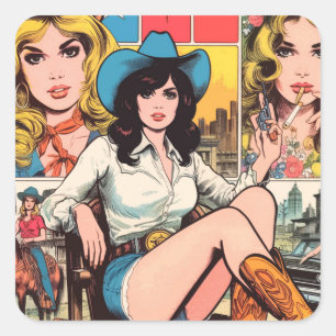 Vintage Cowgirl Comics Square Sticker