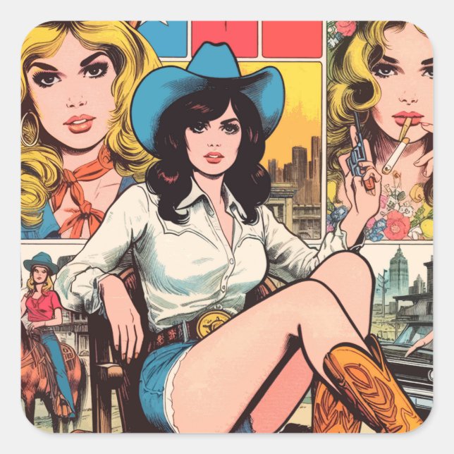 Vintage Cowgirl Comics Square Sticker (Front)