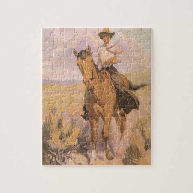 Vintage Cowgirl Cowboy, Woman on Horse by Dunton Jigsaw Puzzle (Vertical)