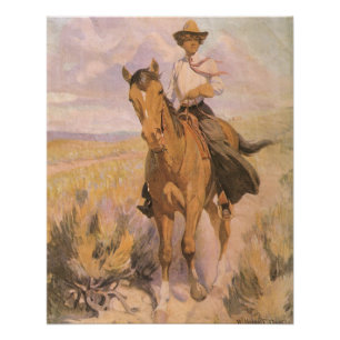 Vintage Cowgirl Cowboy, Woman on Horse by Dunton Poster