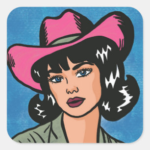 Vintage Cowgirl Hand Drawn Pop Art Square Sticker