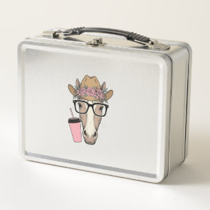 Vintage Cowgirl Horse With Flowers and Pink Drink Metal Lunch Box