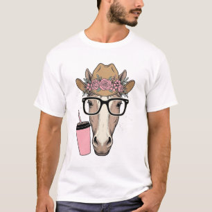 Vintage Cowgirl Horse With Flowers and Pink Drink T-Shirt