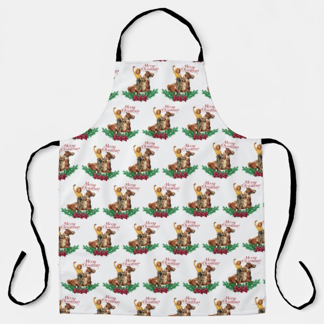 Vintage Cowgirl On Horse Merry Christmas  Apron (Front)