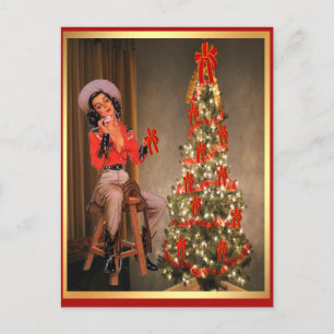 Vintage Cowgirl On Saddle With Christmas Tree Holi Holiday Postcard