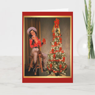 Vintage Cowgirl On Saddle With Christmas Tree Holiday Card