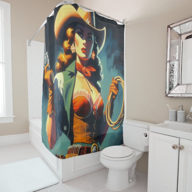 Vintage Cowgirl Painting Shower Curtain (In Situ)